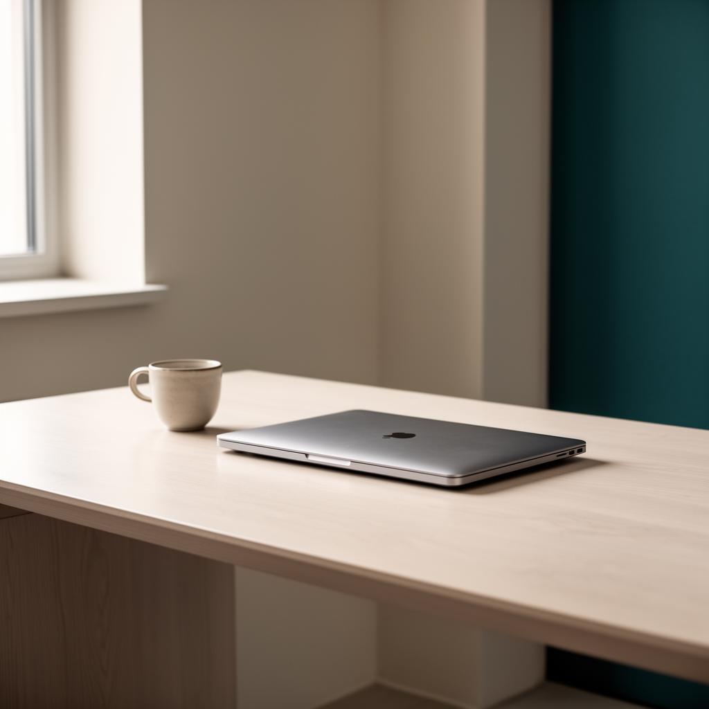 Ruhiger, aufgeräumter Arbeitsplatz mit Laptop und Tasse — Sinnbild für ein professionell geführtes Büro